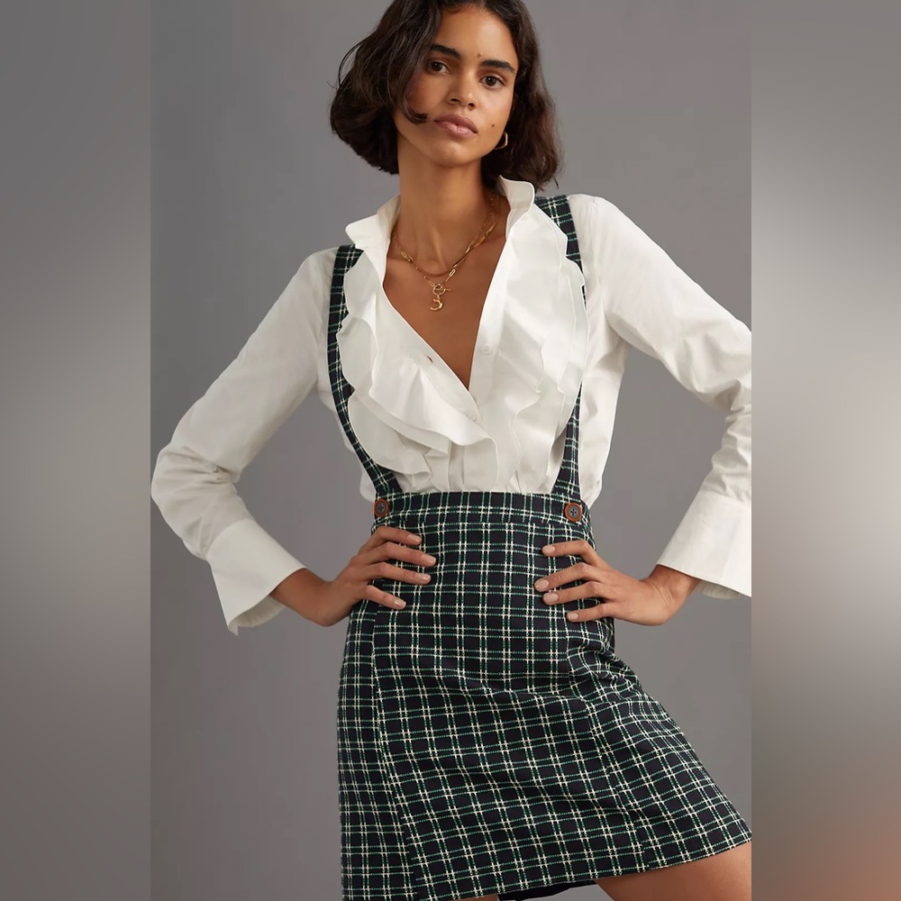NWT Anthropologie Maeve Green Plaid Preppy Skirt Overalls Suspender - Size 8